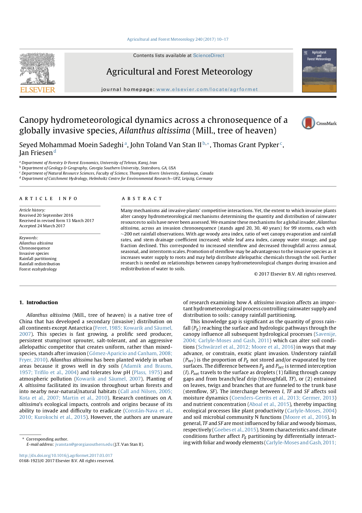 Wissenscftlicher Artikel - Canopy hydrometeorological dynamics across a chronosequence of a globally invasive species, Ailanthus altissima